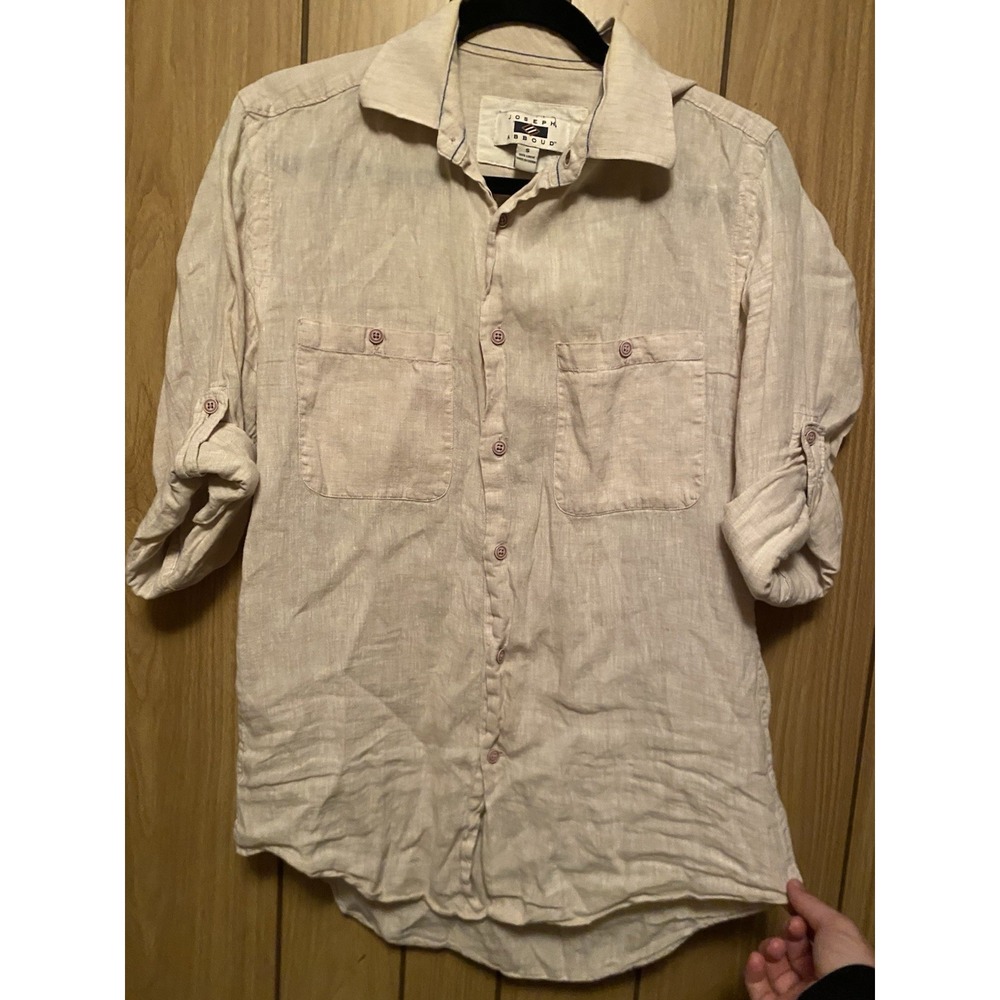 Joseph Abboud 100% Linen Button Front Shirt Men Small Beige Roll Tab Long Sleeve